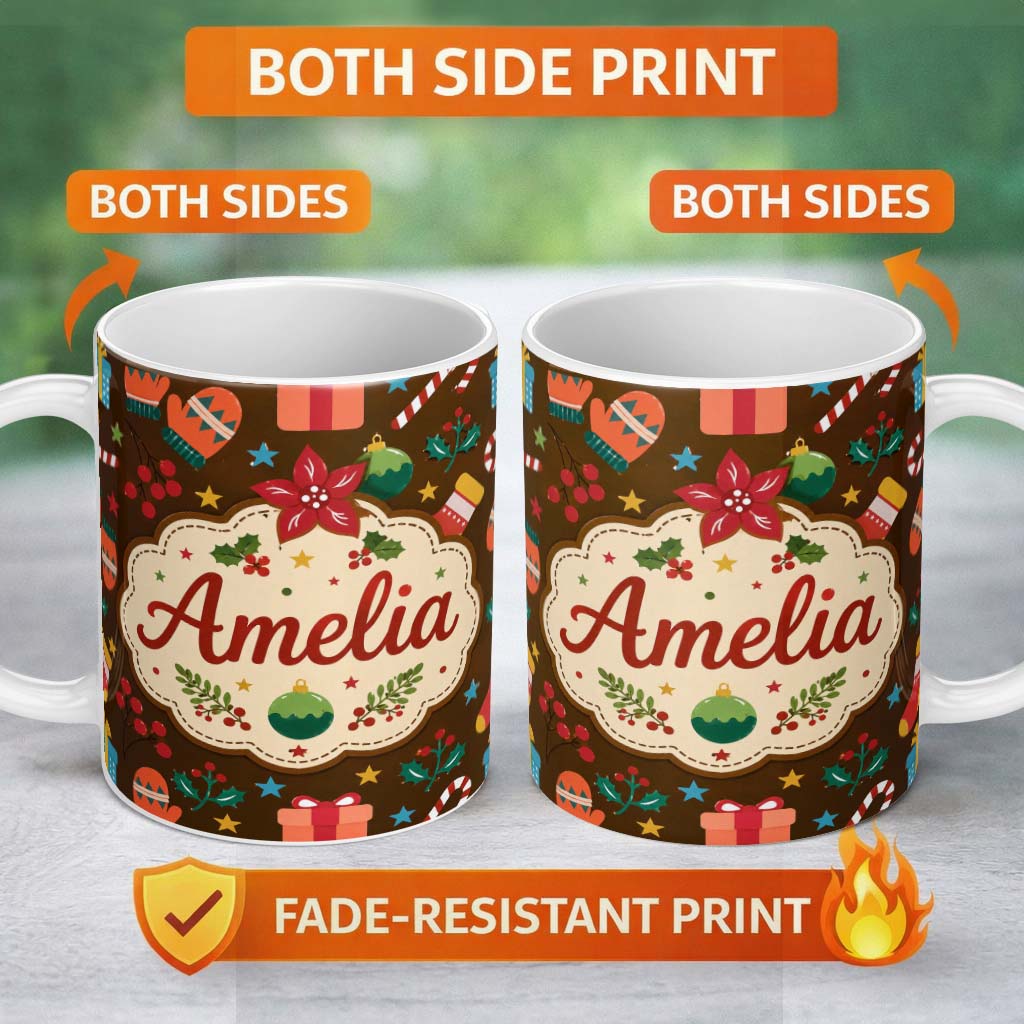 Personalized Custom Name Christmas Ornament Holly Candy Cane Mitten Seamless Pattern Lovely 11oz Ceramic Coffee Tea Mug White Large Handle