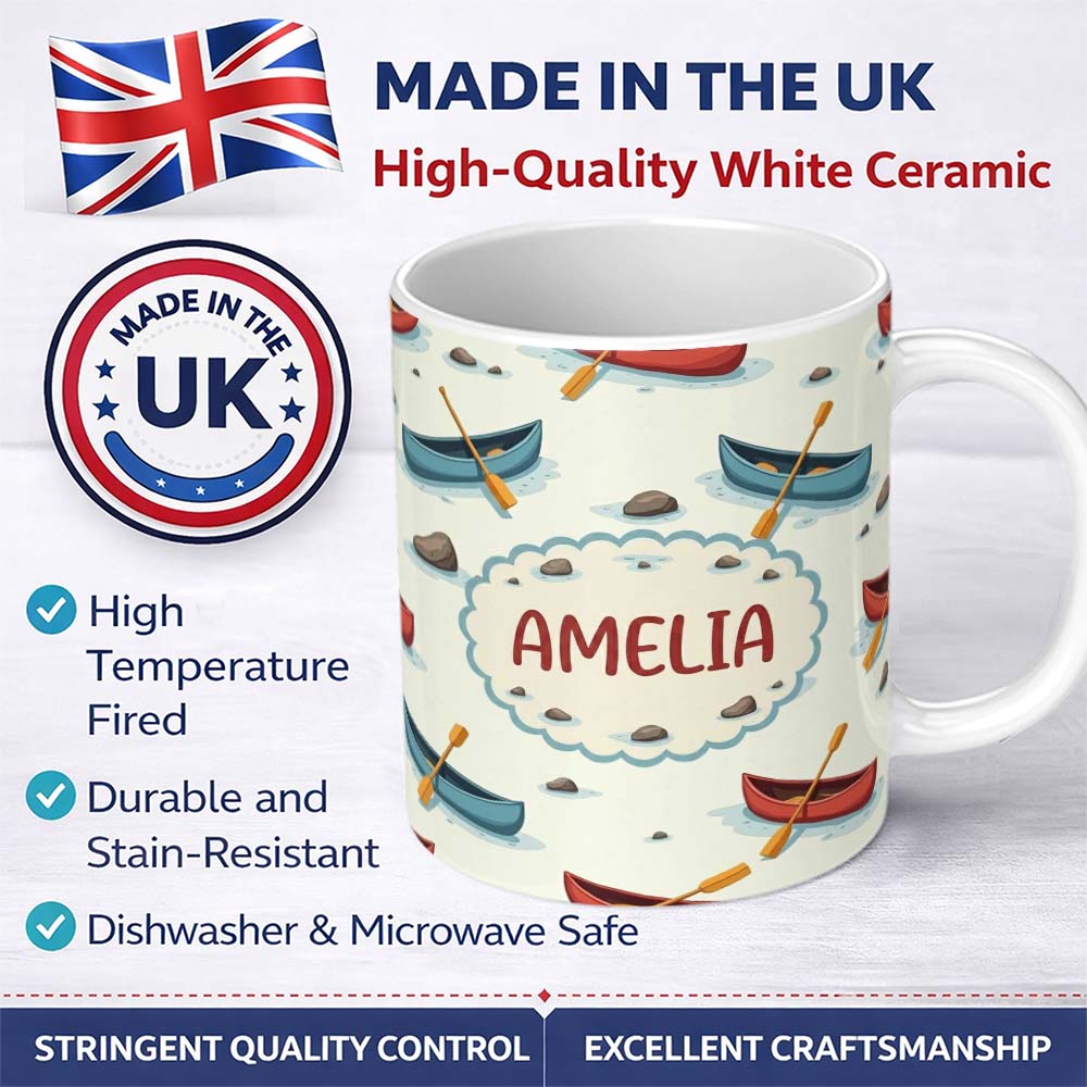 Personalized Custom Name Cute Canoes with Duck Lake Water Adventure Seamless Pattern Lovely 11oz Ceramic Coffee Tea Mug White Large Handle