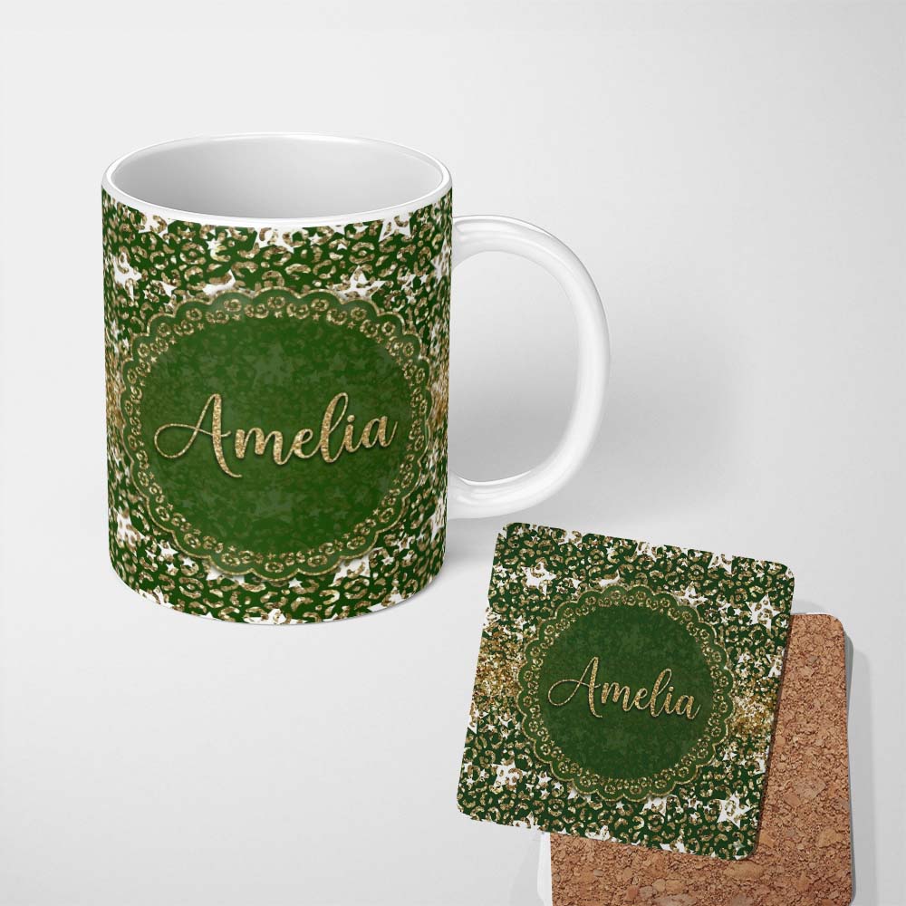 Personalized Custom Name Green Leopard Gold Glitter Christmas Seamless Pattern Lovely 11oz Ceramic Coffee Tea Mug White Large Handle