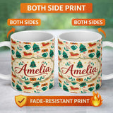 Personalized Custom Name Modern Christmas Sleigh Tree Gift Flat Design Seamless Pattern 11oz Ceramic Coffee Tea Mug White Large Handle