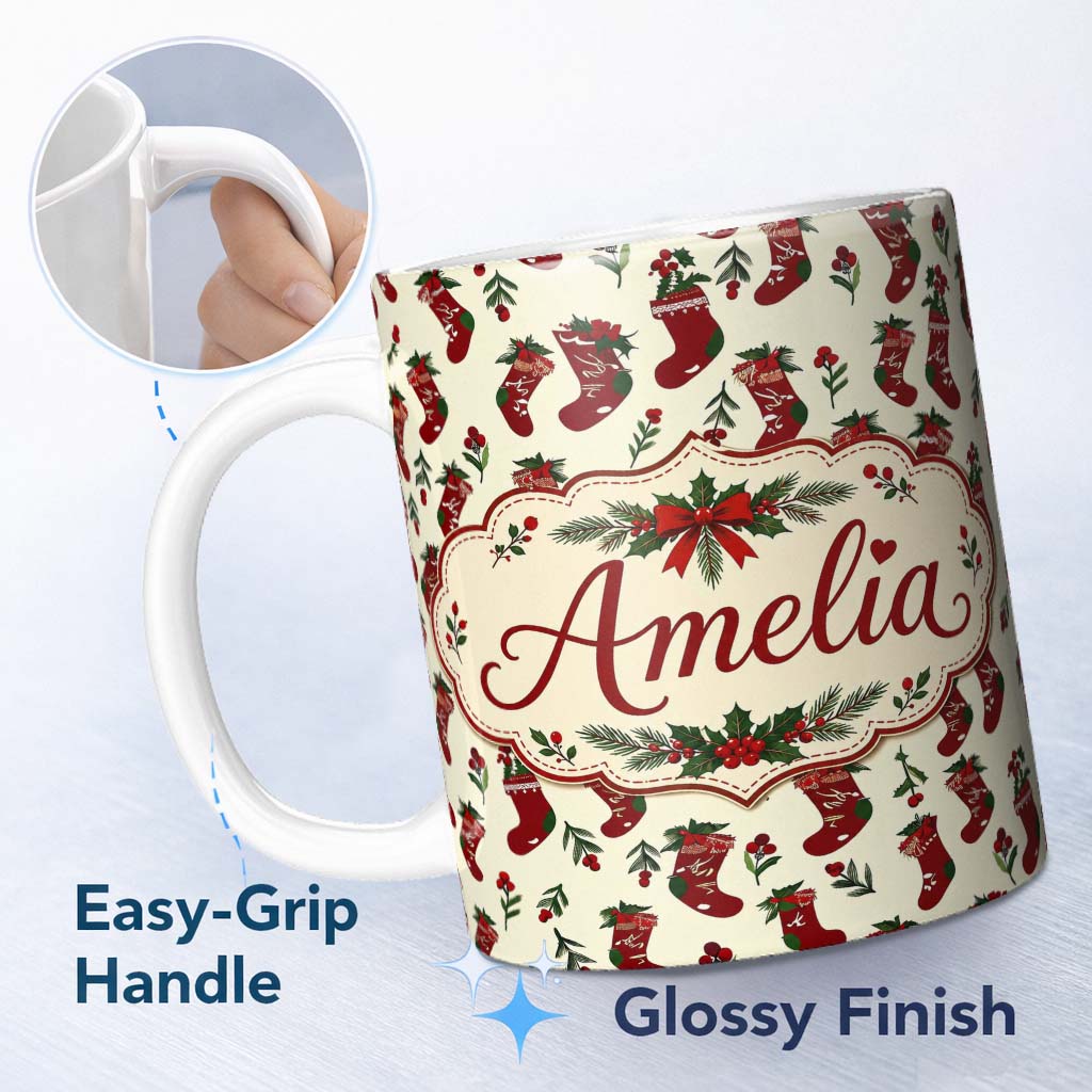 Personalized Custom Name Cute Christmas Stockings Holly Berries and Festive Holiday Elements 11oz Ceramic Coffee Tea Mug White Large Handle