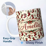 Personalized Custom Name Cute Christmas Stockings Holly Berries and Festive Holiday Elements 11oz Ceramic Coffee Tea Mug White Large Handle