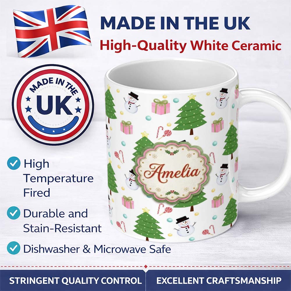Personalized Custom Name Cute Snowman Christmas Tree Candy Cane Gifts Seamless Pattern Lovely 11oz Ceramic Coffee Tea Mug White Large Handle