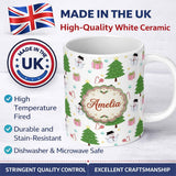 Personalized Custom Name Cute Snowman Christmas Tree Candy Cane Gifts Seamless Pattern Lovely 11oz Ceramic Coffee Tea Mug White Large Handle