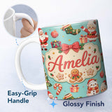 Personalized Custom Name Cute Santa Claus Mrs Claus Snowman Christmas Gift Pattern Teal 11oz Ceramic Coffee Tea Mug White Large Handle