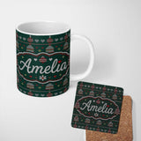 Personalized Custom Name Green Christmas Ornament Tree Knitted Seamless Pattern Lovely 11oz Ceramic Coffee Tea Mug White Large Handle