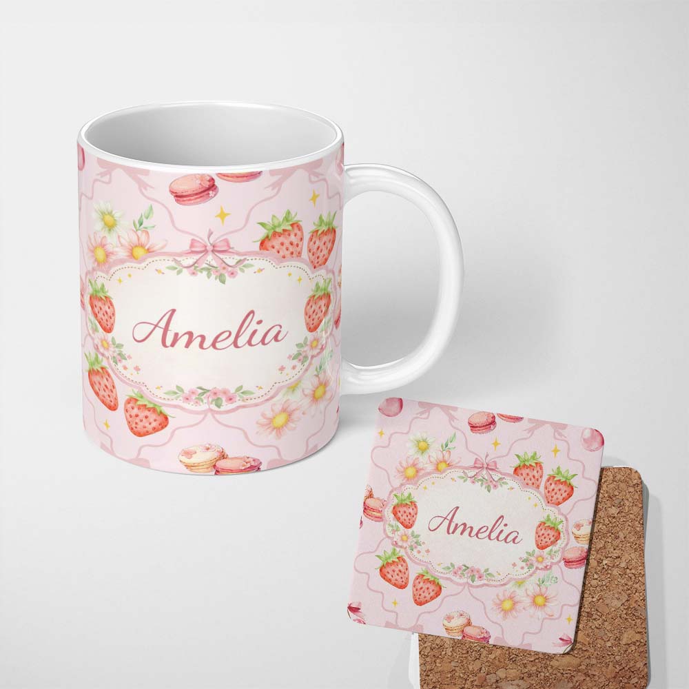 Personalized Custom Name Strawberry Cherry Bow Daisy Cherry Pink Cute Coquette Floral Design 11oz Ceramic Coffee Tea Mug White Large Handle