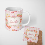 Personalized Custom Name Strawberry Cherry Bow Daisy Cherry Pink Cute Coquette Floral Design 11oz Ceramic Coffee Tea Mug White Large Handle