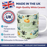 Personalized Custom Name Halloween Ghost Pumpkin Cat Seamless Pattern Sage Cute Spooky Design 11oz Ceramic Coffee Tea Mug White Large Handle
