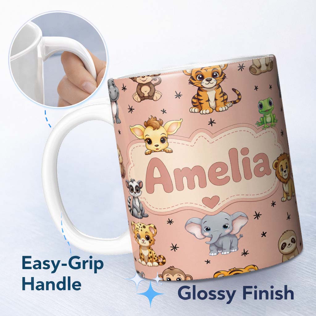 Personalized Custom Name Cute Cartoon Safari Animals with Stars on Peach Background Nursery 11oz Ceramic Coffee Tea Mug White Large Handle