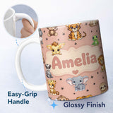 Personalized Custom Name Cute Cartoon Safari Animals with Stars on Peach Background Nursery 11oz Ceramic Coffee Tea Mug White Large Handle
