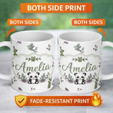 Personalized Custom Name Cute Panda Bamboo and Floral Minimal Seamless Pattern on Clean White 11oz Ceramic Coffee Tea Mug White Large Handle
