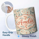Personalized Custom Name Elegant Koi Fish and Floral Swirl Pattern in Soft Tones Seamless 11oz Ceramic Coffee Tea Mug White Large Handle