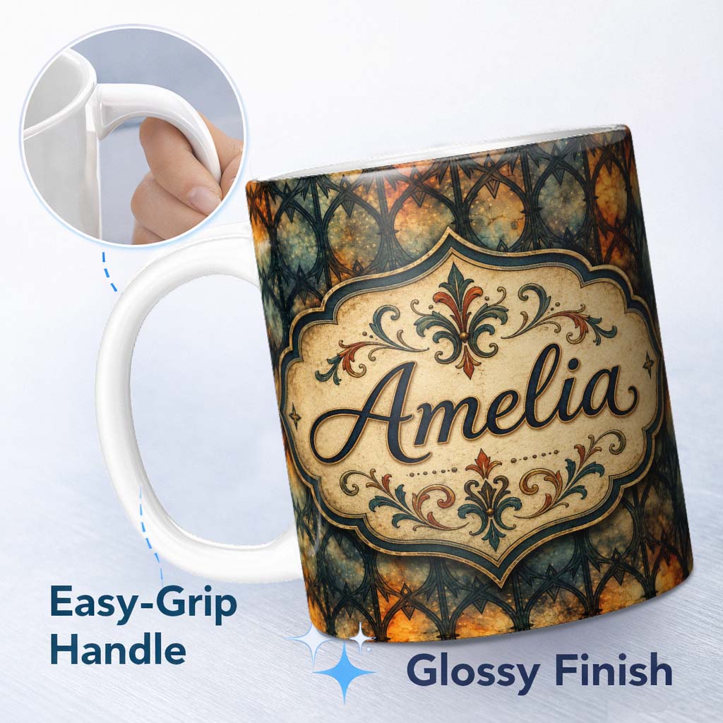 Personalized Custom Name Gothic Stained Glass Arch Warm Orange and Teal Seamless Pattern 11oz Ceramic Coffee Tea Mug White Large Handle