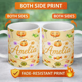 Personalized Custom Name Cute Watercolor Pumpkins and Candy Sweets on Pale Yellow Background 11oz Ceramic Coffee Tea Mug White Large Handle