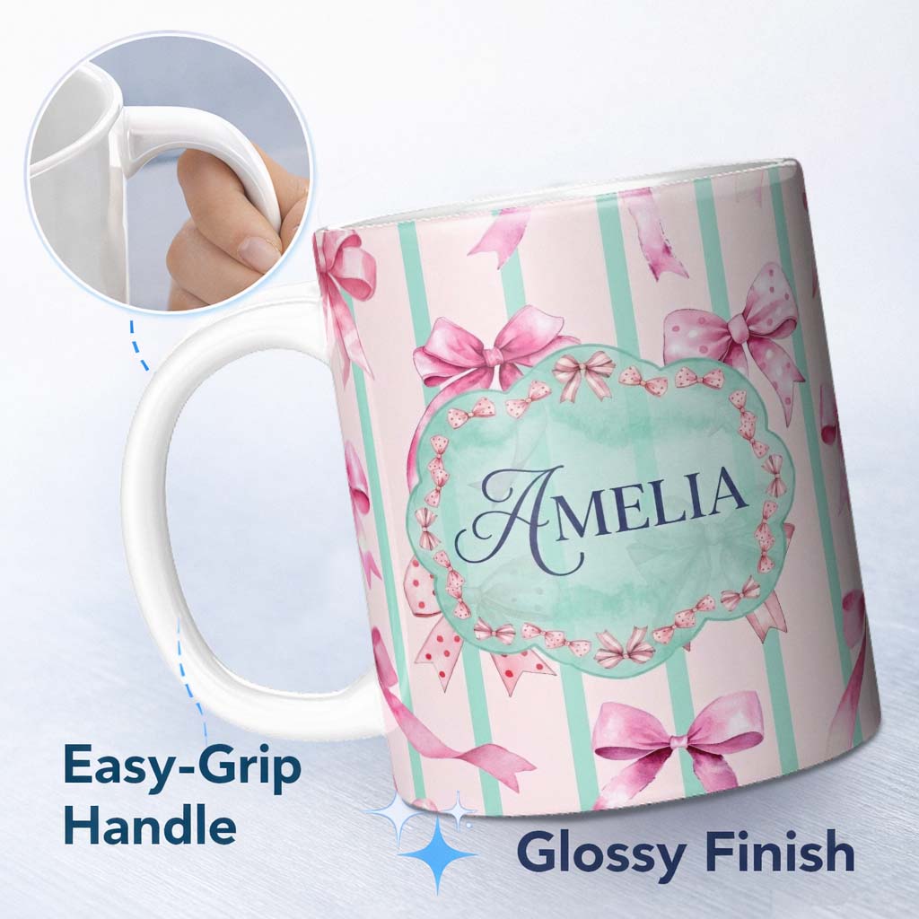 Personalized Custom Name Watercolor Pink Ribbon Bow Seamless Pattern with Mint Green Stripes 11oz Ceramic Coffee Tea Mug White Large Handle