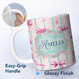 Personalized Custom Name Watercolor Pink Ribbon Bow Seamless Pattern with Mint Green Stripes 11oz Ceramic Coffee Tea Mug White Large Handle