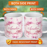 Personalized Custom Name Watercolor Pink Ribbon Bows Neutral Ivory Background Seamless Lovely 11oz Ceramic Coffee Tea Mug White Large Handle