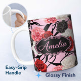 Personalized Custom Name Elegant Rose Floral with Black Red and White Flowers on Soft Pink 11oz Ceramic Coffee Tea Mug White Large Handle