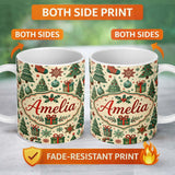 Personalized Custom Name Christmas Tree Snowflake Ornament Holiday Festive Seamless Pattern 11oz Ceramic Coffee Tea Mug White Large Handle
