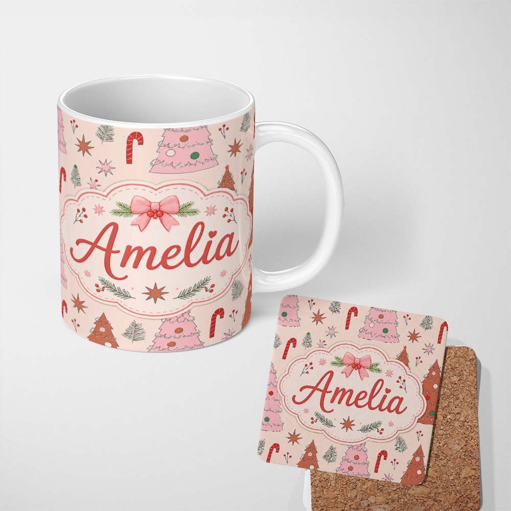 Personalized Custom Name Scandinavian Christmas Tree Candy Cane Star Seamless Pattern Lovely 11oz Ceramic Coffee Tea Mug White Large Handle