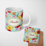 Personalized Custom Name Tropical Hibiscus Bird of Paradise Seamless Pattern Teal Background 11oz Ceramic Coffee Tea Mug White Large Handle