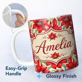Personalized Custom Name Watercolor Red Floral Bloom White Background Seamless Pattern Lovely 11oz Ceramic Coffee Tea Mug White Large Handle