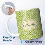 Personalized Custom Name Green Lattice Geometric Repeat Seamless Pattern Beautiful Coffee Cup 11oz Ceramic Coffee Tea Mug White Large Handle