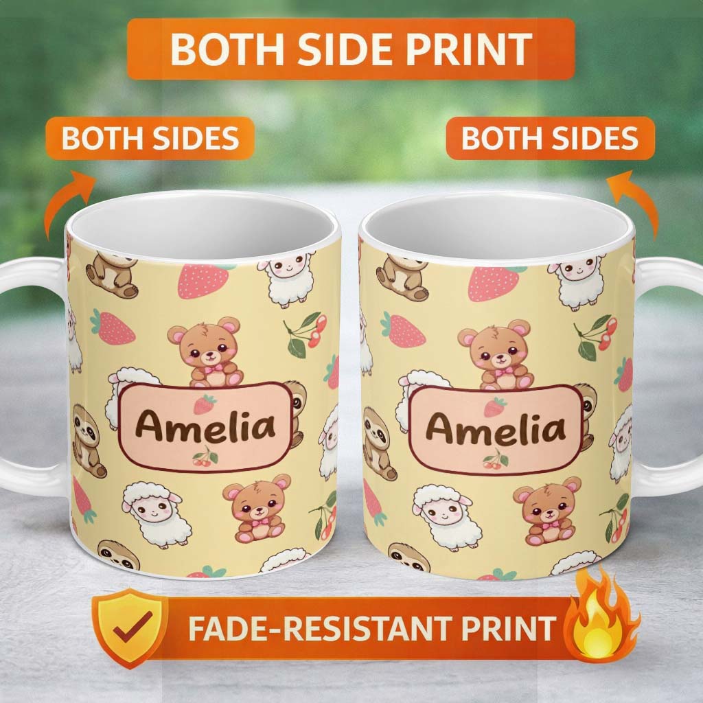 Personalized Custom Name Cute Cute Animals Bear Sloth Sheep Strawberry Pattern Warm Beige 11oz Ceramic Coffee Tea Mug White Large Handle