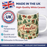 Personalized Custom Name Christmas Tree Snowflake Ornament Holiday Festive Seamless Pattern 11oz Ceramic Coffee Tea Mug White Large Handle