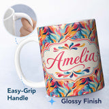 Personalized Custom Name Vibrant Abstract Fluid Paint Pattern Colorful Artistic Seamless 11oz Ceramic Coffee Tea Mug White Large Handle