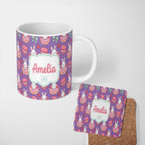 Personalized Custom Name Cute Kawaii Bunny Donuts Strawberry Dessert Seamless Pattern Purple 11oz Ceramic Coffee Tea Mug White Large Handle