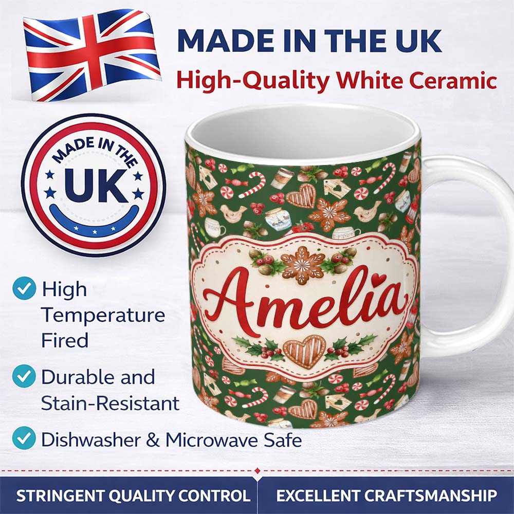 Personalized Custom Name Watercolor Christmas Cookies Candy Cane Coffee Seamless Pattern 11oz Ceramic Coffee Tea Mug White Large Handle