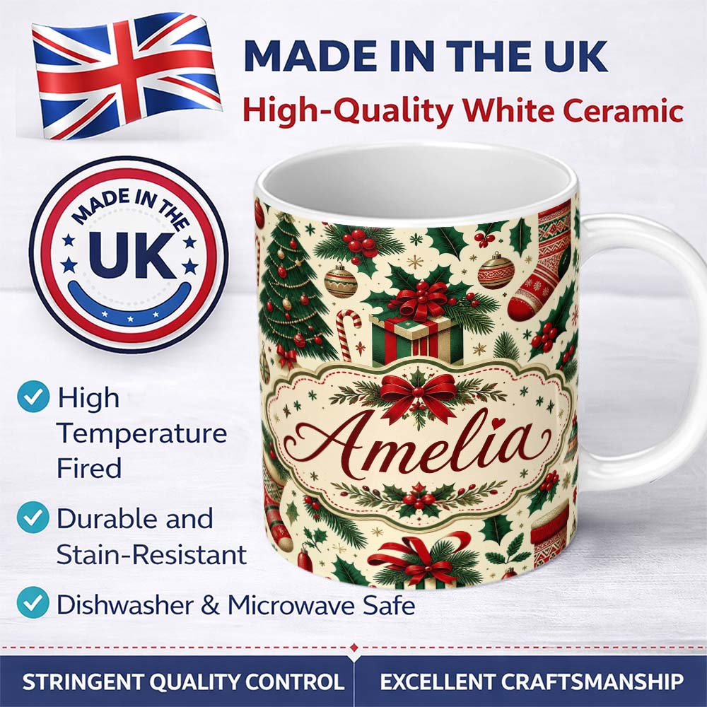 Personalized Custom Name Christmas Gift Boxes Candy Cane Holly Stockings Festive Holiday 11oz Ceramic Coffee Tea Mug White Large Handle