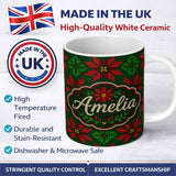 Personalized Custom Name Festive Holly Leaf Berry Knit Pattern Green Red Christmas Seamless 11oz Ceramic Coffee Tea Mug White Large Handle