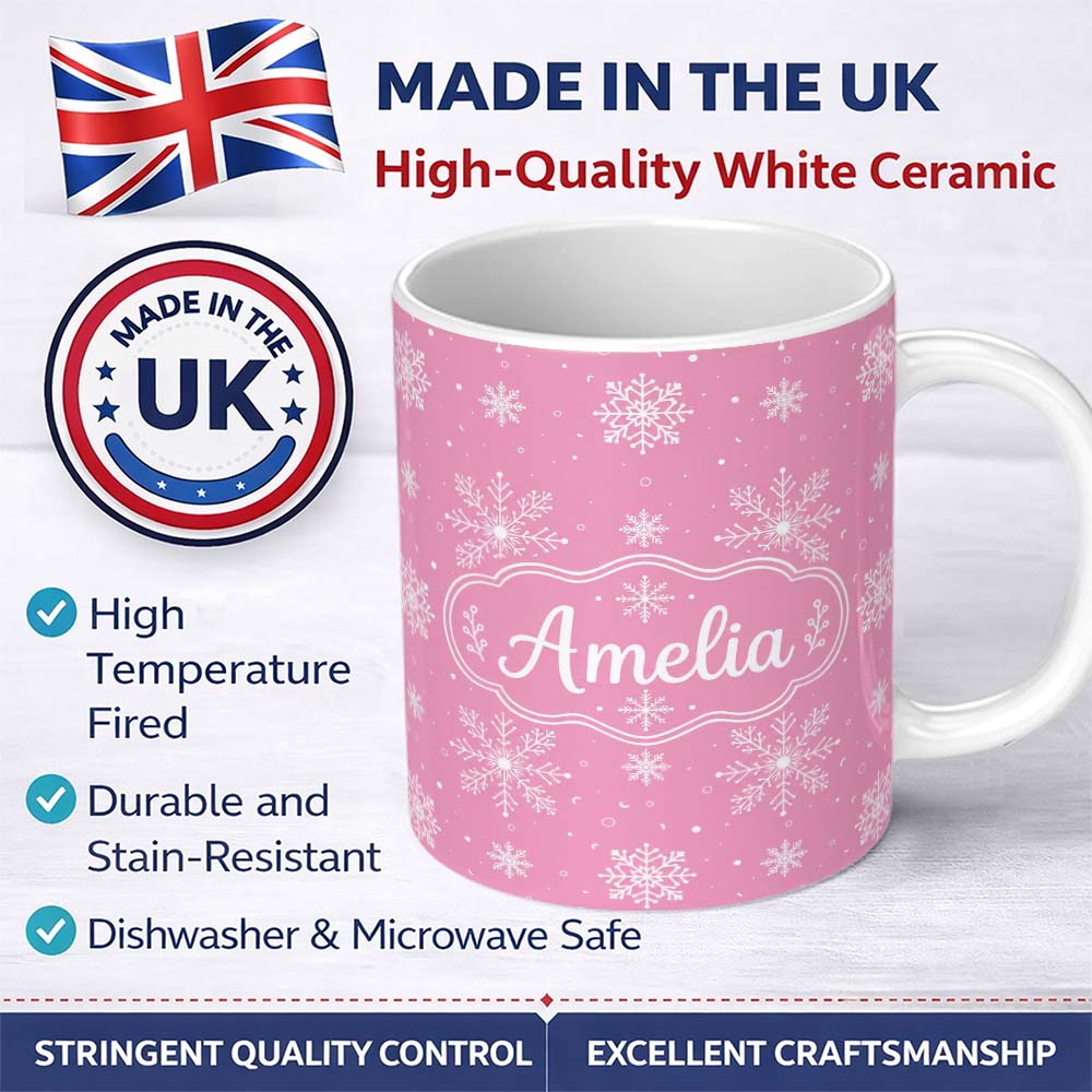 Personalized Custom Name Cute Pink Snowflakes Minimal Winter Seamless Pattern Lovely 11oz Ceramic Coffee Tea Mug White Large Handle