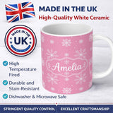 Personalized Custom Name Cute Pink Snowflakes Minimal Winter Seamless Pattern Lovely 11oz Ceramic Coffee Tea Mug White Large Handle