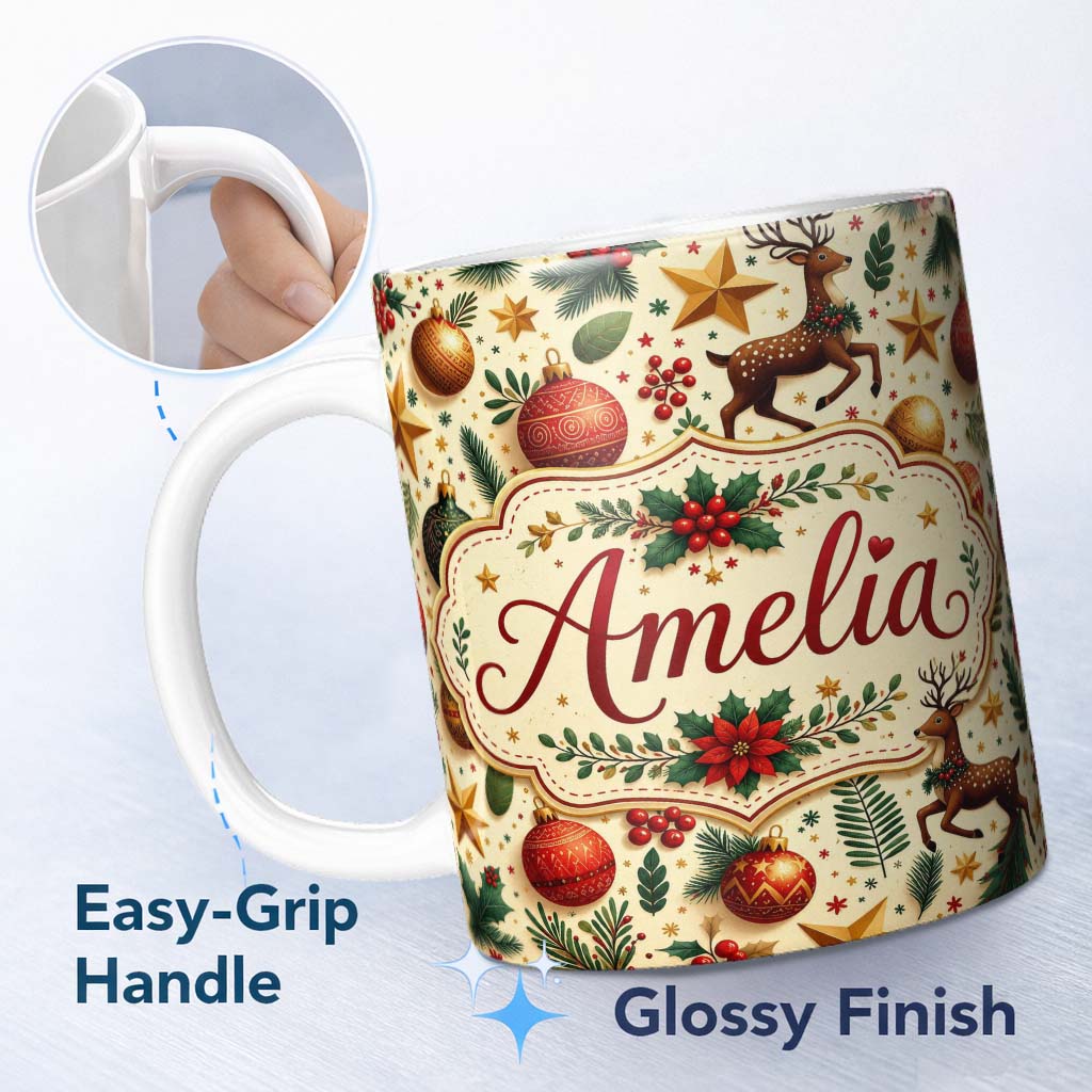 Personalized Custom Name Festive Christmas Reindeer Baubles Stars and Holly Berry Elements 11oz Ceramic Coffee Tea Mug White Large Handle