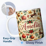 Personalized Custom Name Festive Christmas Reindeer Baubles Stars and Holly Berry Elements 11oz Ceramic Coffee Tea Mug White Large Handle
