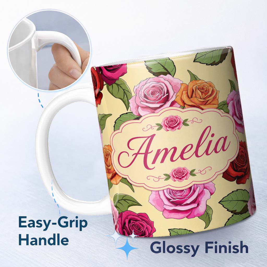 Personalized Custom Name Colorful Roses on Warm Beige Background Seamless Floral Pattern 11oz Ceramic Coffee Tea Mug White Large Handle
