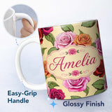 Personalized Custom Name Colorful Roses on Warm Beige Background Seamless Floral Pattern 11oz Ceramic Coffee Tea Mug White Large Handle