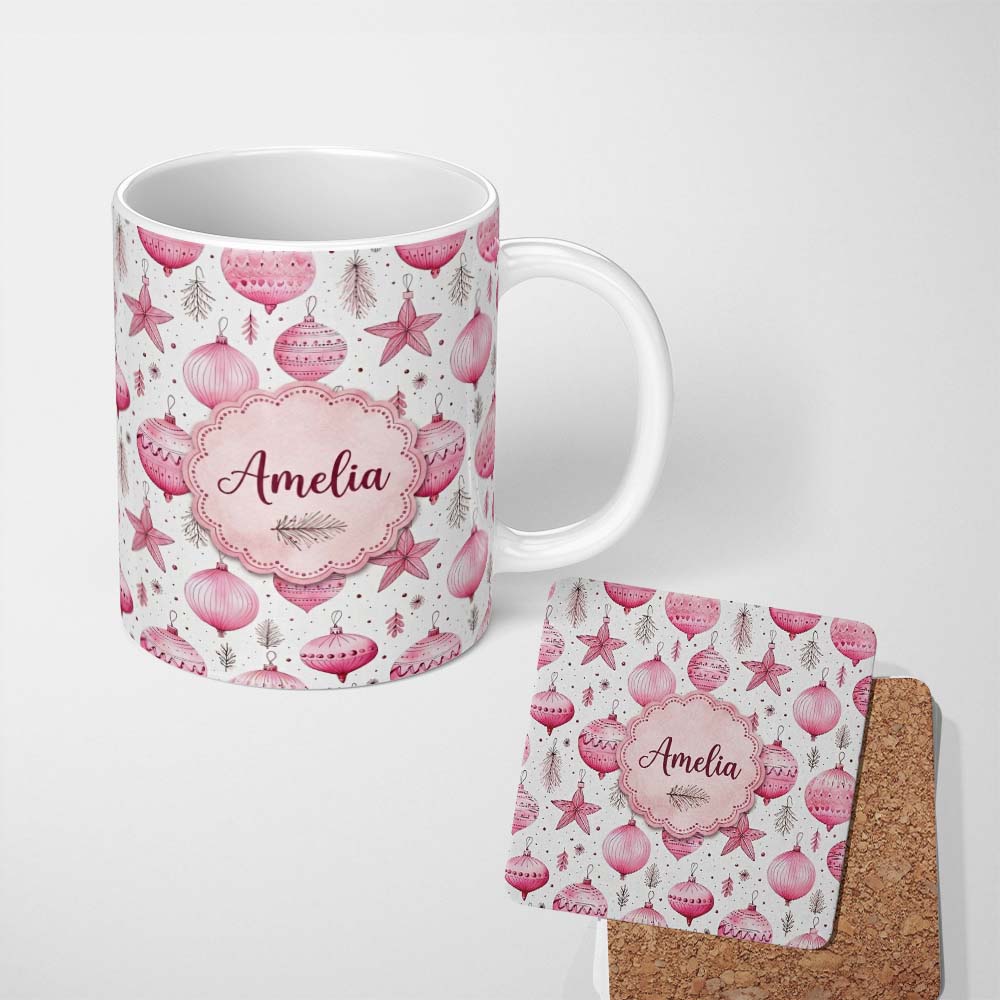 Personalized Custom Name Elegant Pink Christmas Baubles Stars Hanging Decor Seamless Pattern 11oz Ceramic Coffee Tea Mug White Large Handle