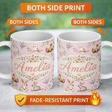 Personalized Custom Name Cute Woodland Animals Koala Kangaroo Bear Floral Pattern Mauve 11oz Ceramic Coffee Tea Mug White Large Handle