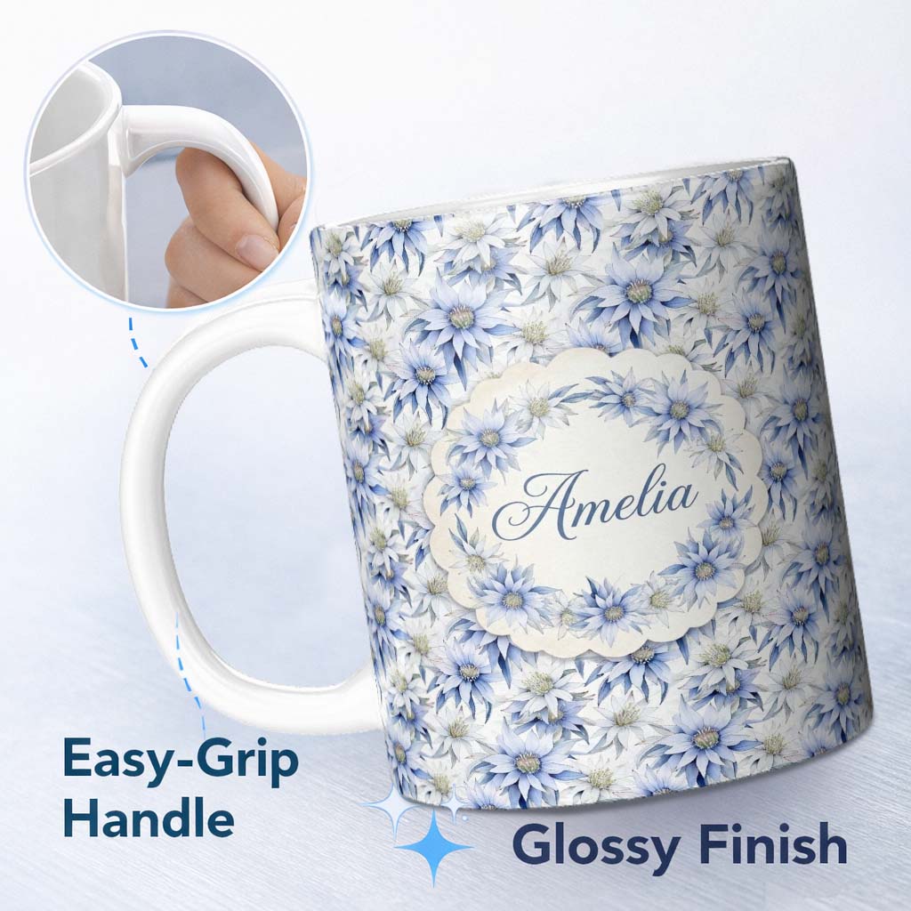 Personalized Custom Name Elegant Blue Botanical Flower Watercolor Seamless Pattern Lovely 11oz Ceramic Coffee Tea Mug White Large Handle