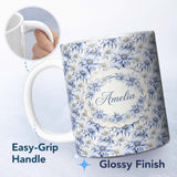 Personalized Custom Name Elegant Blue Botanical Flower Watercolor Seamless Pattern Lovely 11oz Ceramic Coffee Tea Mug White Large Handle