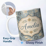 Personalized Custom Name Vintage Floral Blue Background Botanical Leaves Seamless Pattern 11oz Ceramic Coffee Tea Mug White Large Handle