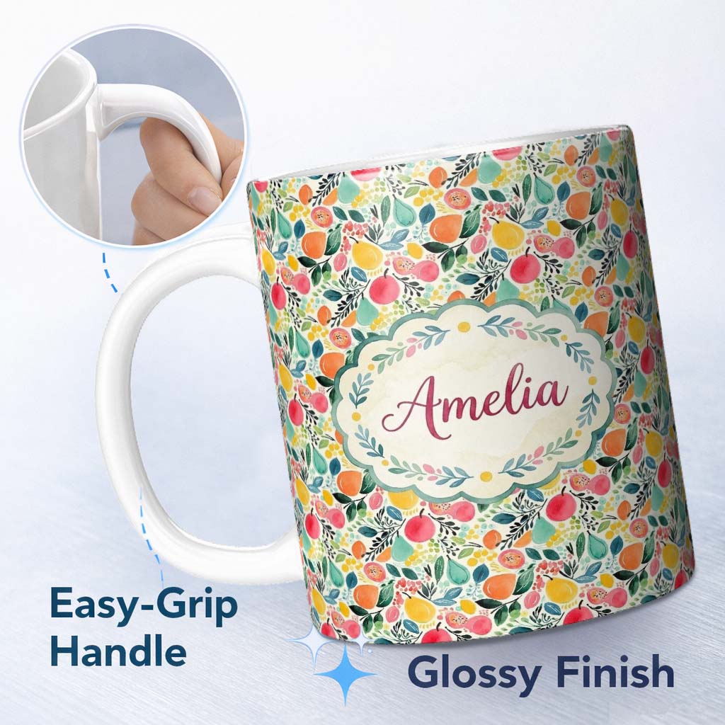 Personalized Custom Name Colorful Watercolor Mixed Fruit and Leaves Seamless Pattern Lovely 11oz Ceramic Coffee Tea Mug White Large Handle