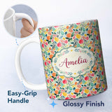 Personalized Custom Name Colorful Watercolor Mixed Fruit and Leaves Seamless Pattern Lovely 11oz Ceramic Coffee Tea Mug White Large Handle
