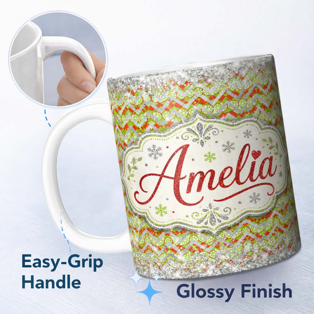 Personalized Custom Name Green Red Chevron Silver Glitter Snow Seamless Pattern Design Winter 11oz Ceramic Coffee Tea Mug White Large Handle