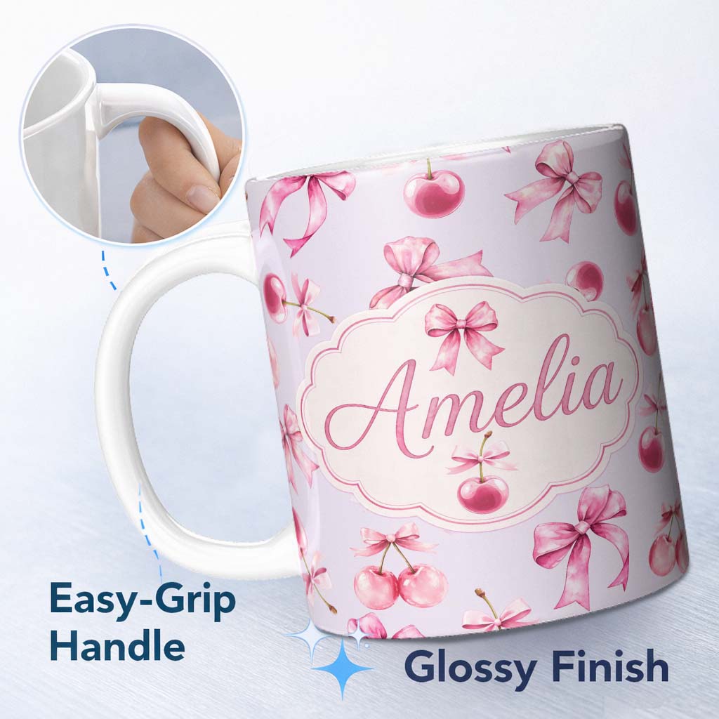 Personalized Custom Name Watercolor Pink Cherry Ribbon Bow Seamless Pattern Pastel Lilac 11oz Ceramic Coffee Tea Mug White Large Handle